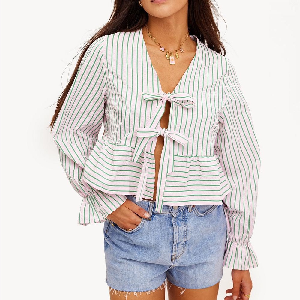 Striped Print Blouse with Front Ties